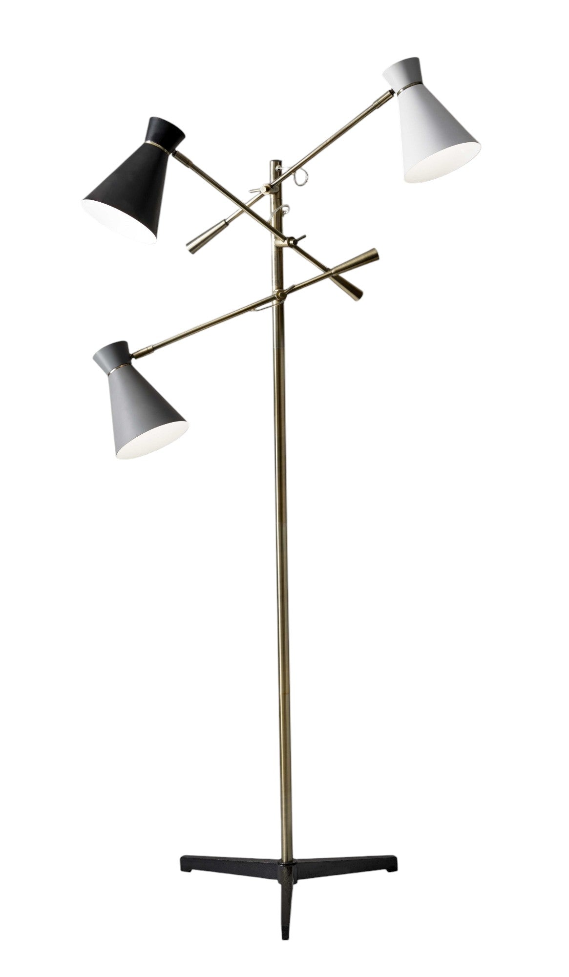 Three Arm Adjustable Floor Lamp In Brass w/ Grey Black & Shades