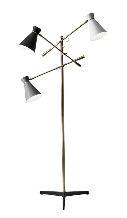 Three Arm Adjustable Floor Lamp In Brass w/ Grey Black & Shades
