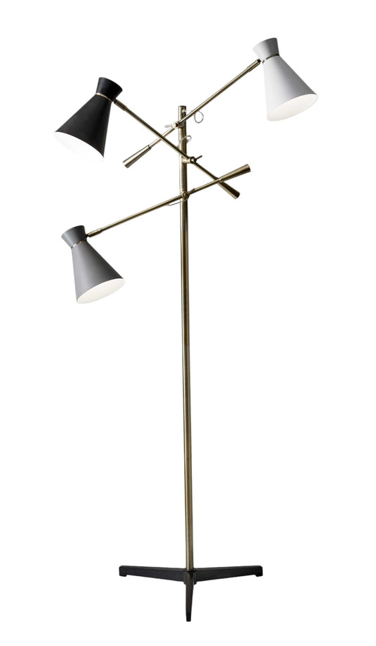 Three Arm Adjustable Floor Lamp In Brass w/ Grey Black & Shades
