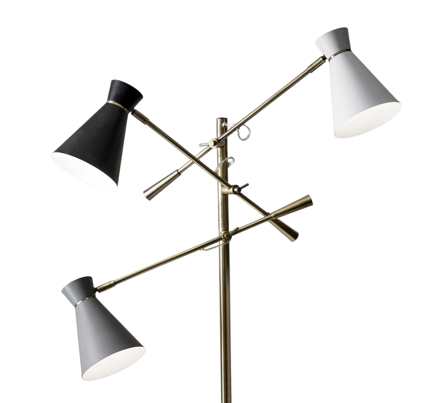 Three Arm Adjustable Floor Lamp In Brass w/ Grey Black & Shades