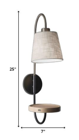 Antique Brass & Black Wall Lamp w/ Charging Station Wood Shelf