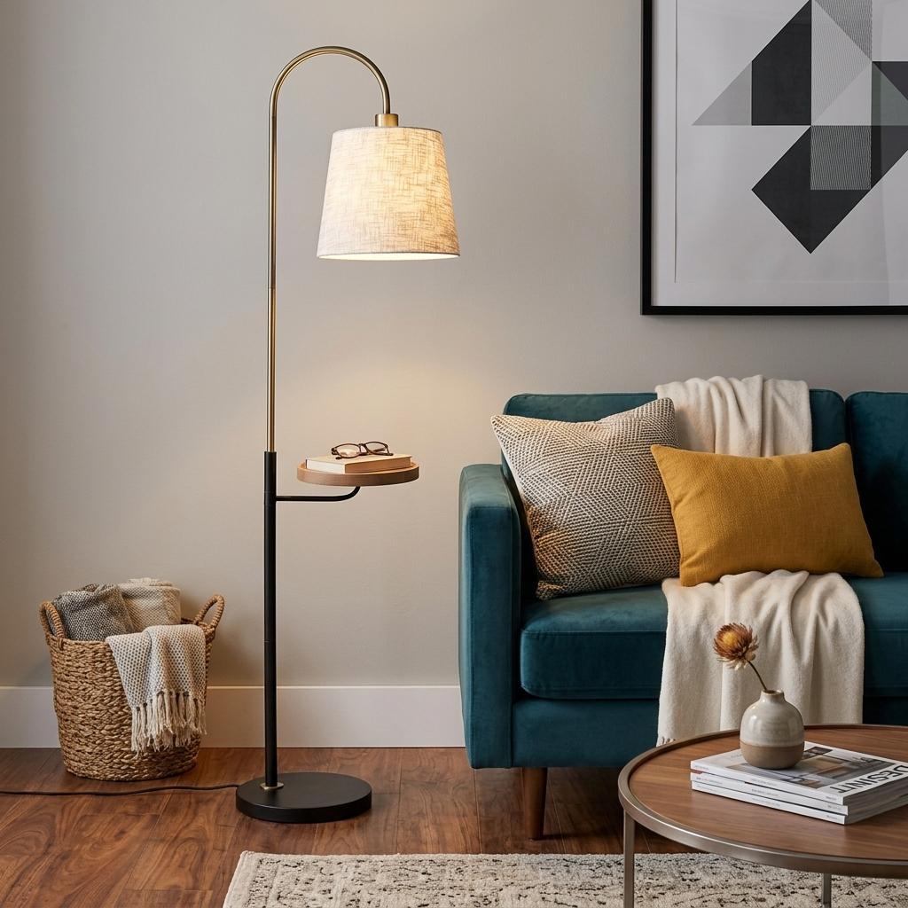 Brass Tray Table Floor Lamp w/ White Shade