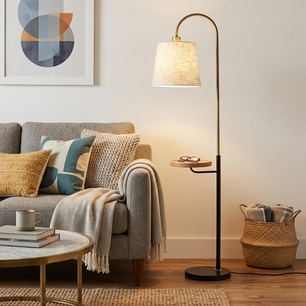 Brass Tray Table Floor Lamp w/ White Shade