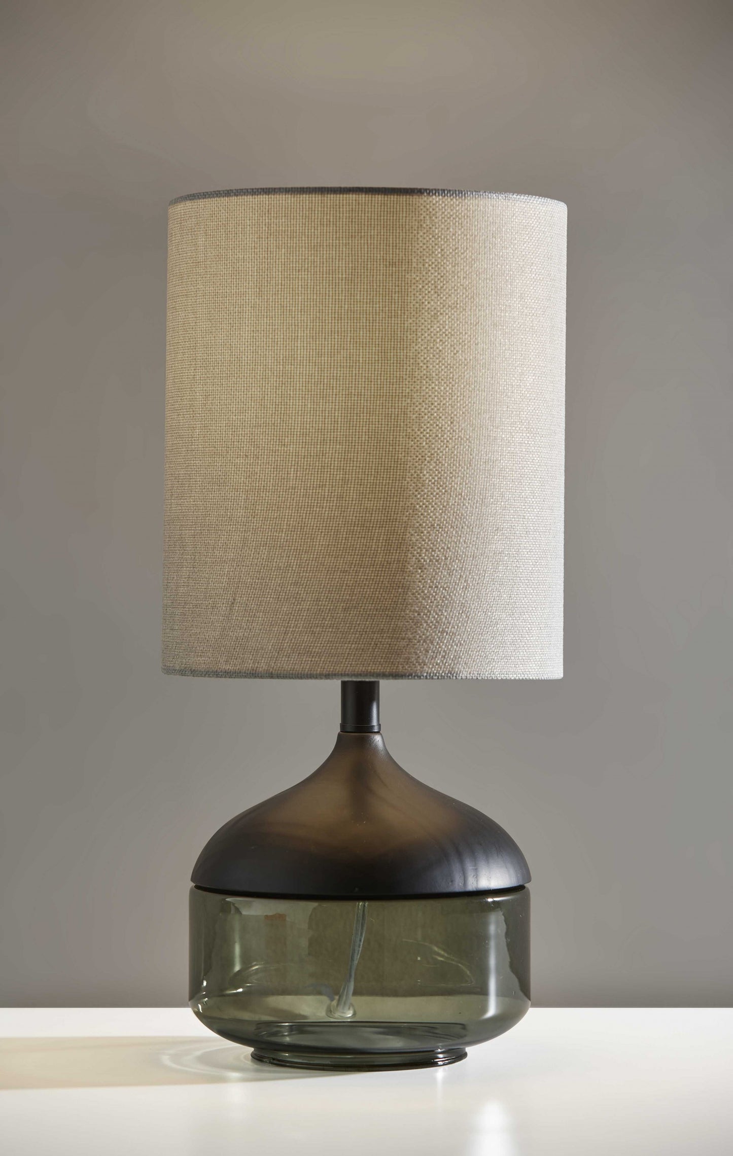 Petite Black Wood Smoked Glass Base w/ Lightly Textured Shade Table Lamp