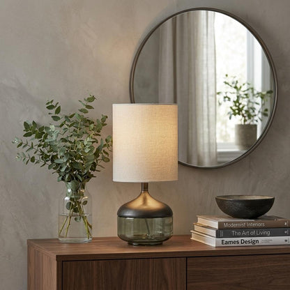 Petite Black Wood Smoked Glass Base w/ Lightly Textured Shade Table Lamp