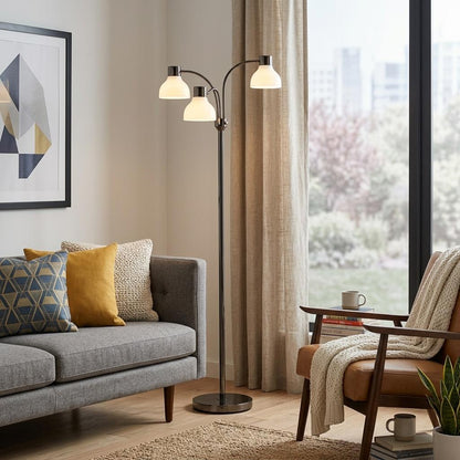 Black 3-Light Tree Floor Lamp w/ White Bowl Shade