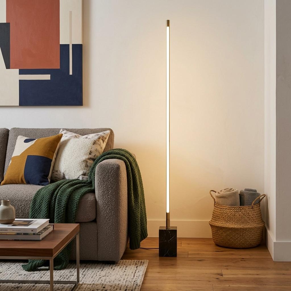 Minimalist Ambient Glow Floor Lamp w/ Dimmer In Antique Brass & Black Marble