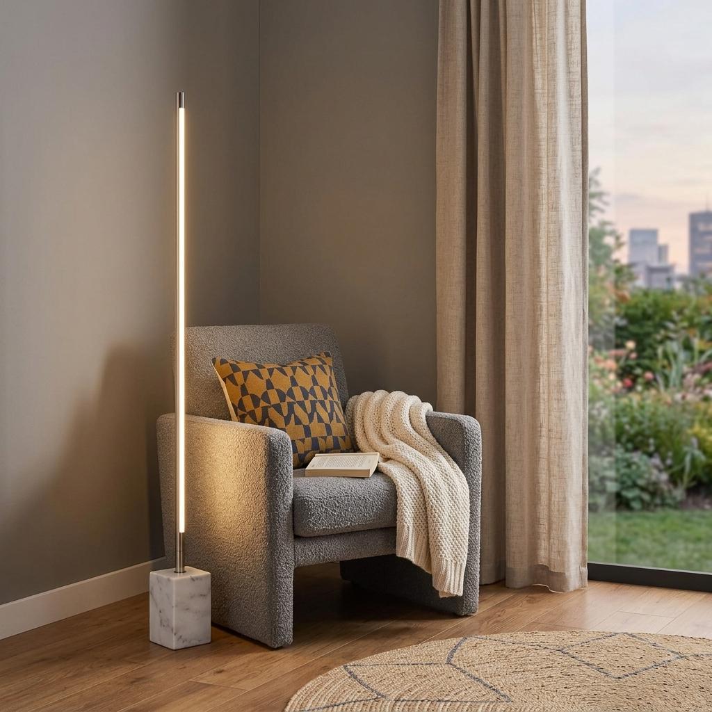 Minimalist Ambient Glow Floor Lamp w/ Dimmer In Brushed Steel & White Marble