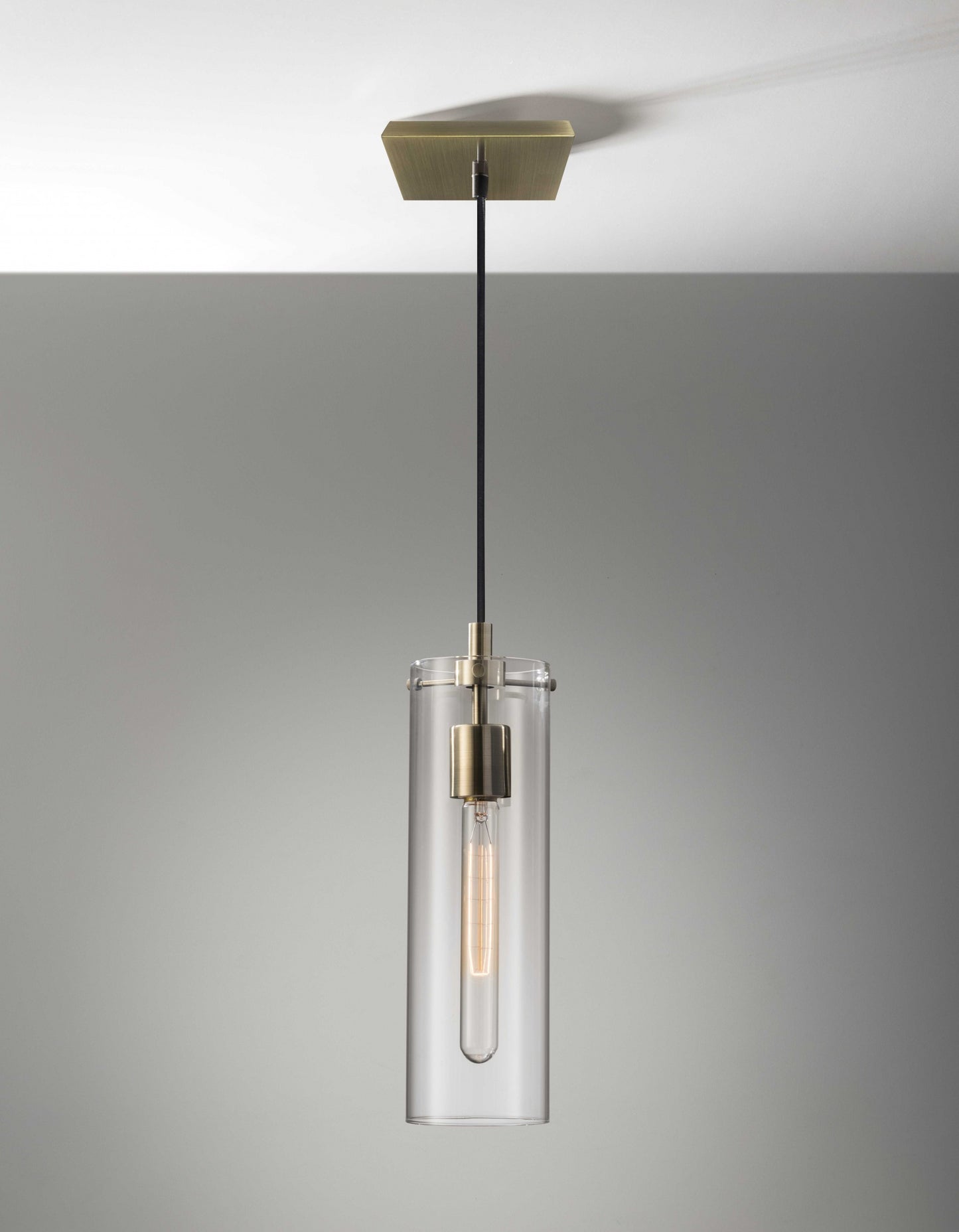 Clear Glass Shade w/ Vintage Filament Bulb Antique Brass Pendant