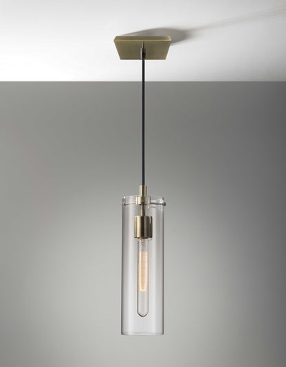 Clear Glass Shade w/ Vintage Filament Bulb Antique Brass Pendant