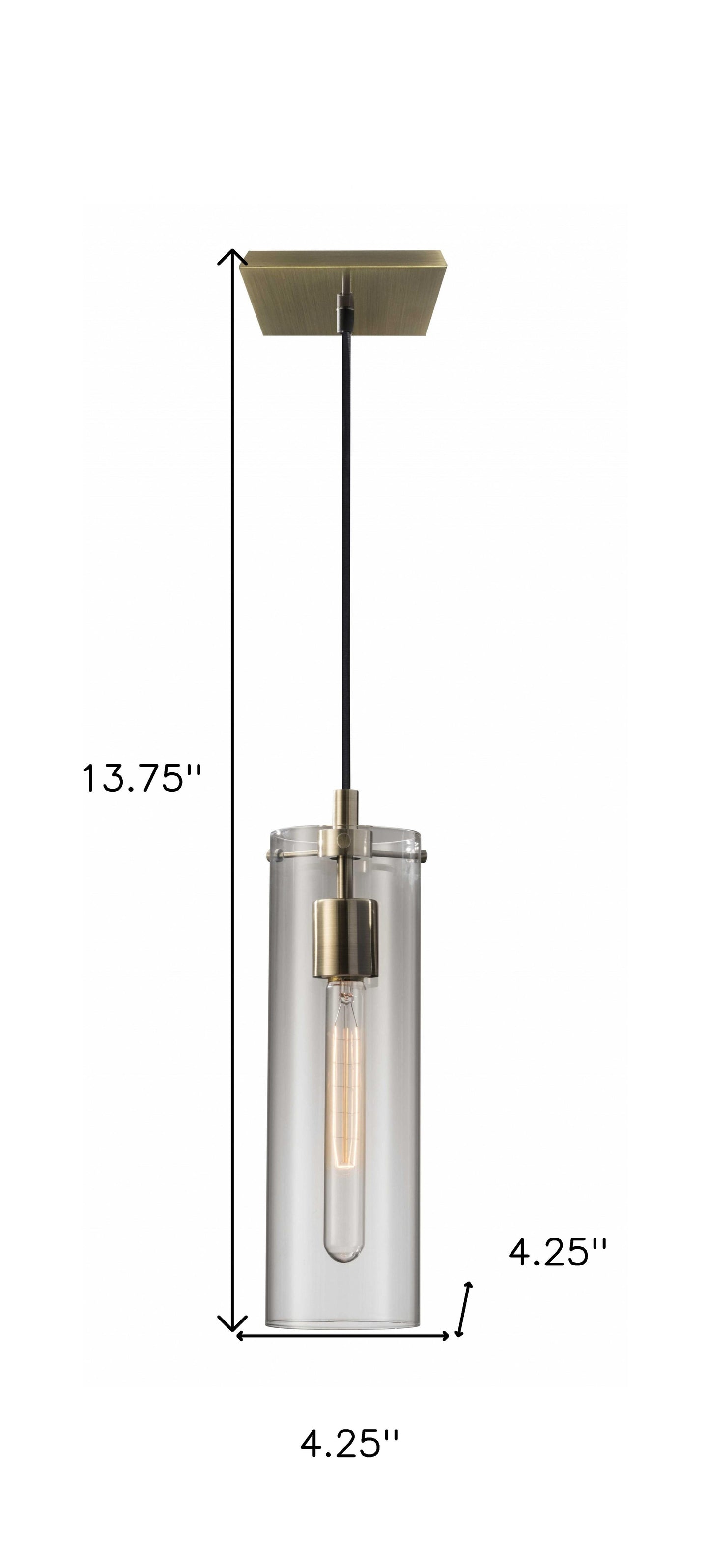 Clear Glass Shade w/ Vintage Filament Bulb Antique Brass Pendant