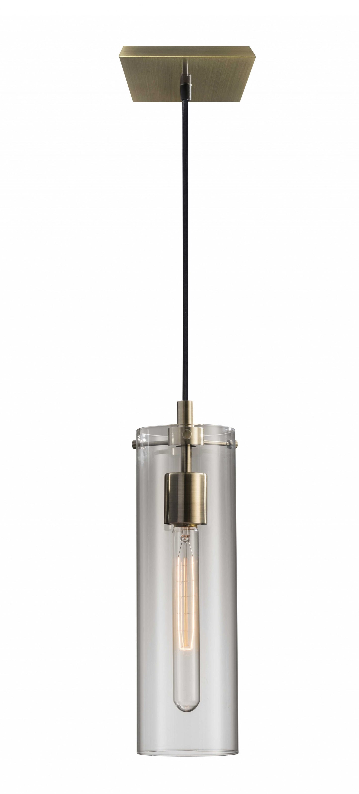 Clear Glass Shade w/ Vintage Filament Bulb Antique Brass Pendant