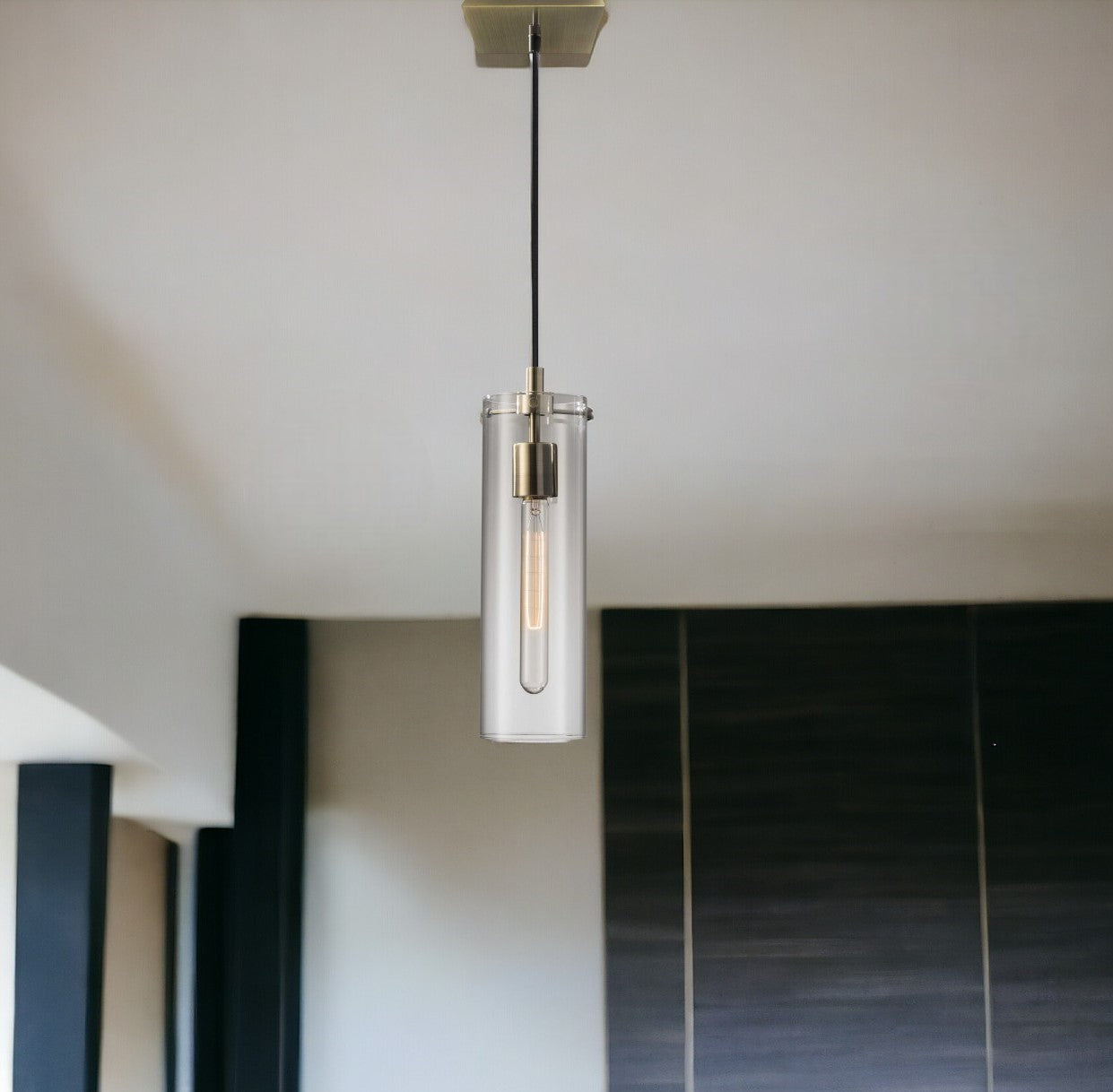 Clear Glass Shade w/ Vintage Filament Bulb Antique Brass Pendant