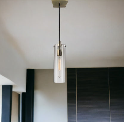 Clear Glass Shade w/ Vintage Filament Bulb Antique Brass Pendant