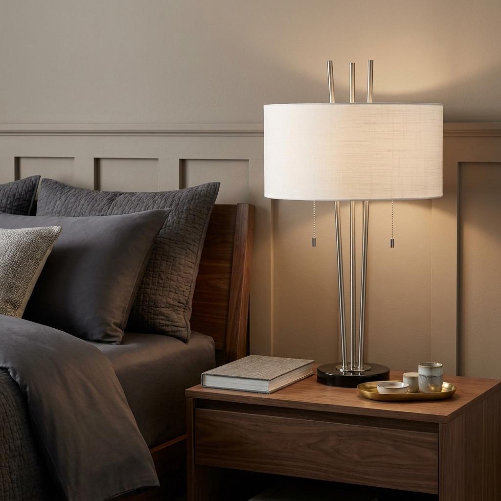 Stylish Triple Pole Brushed Steel Table Lamp