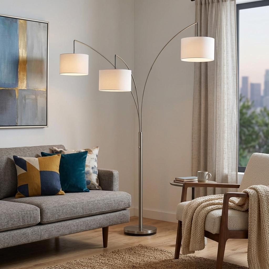 Steel 3-Light Tree Floor Lamp w/ White Shade
