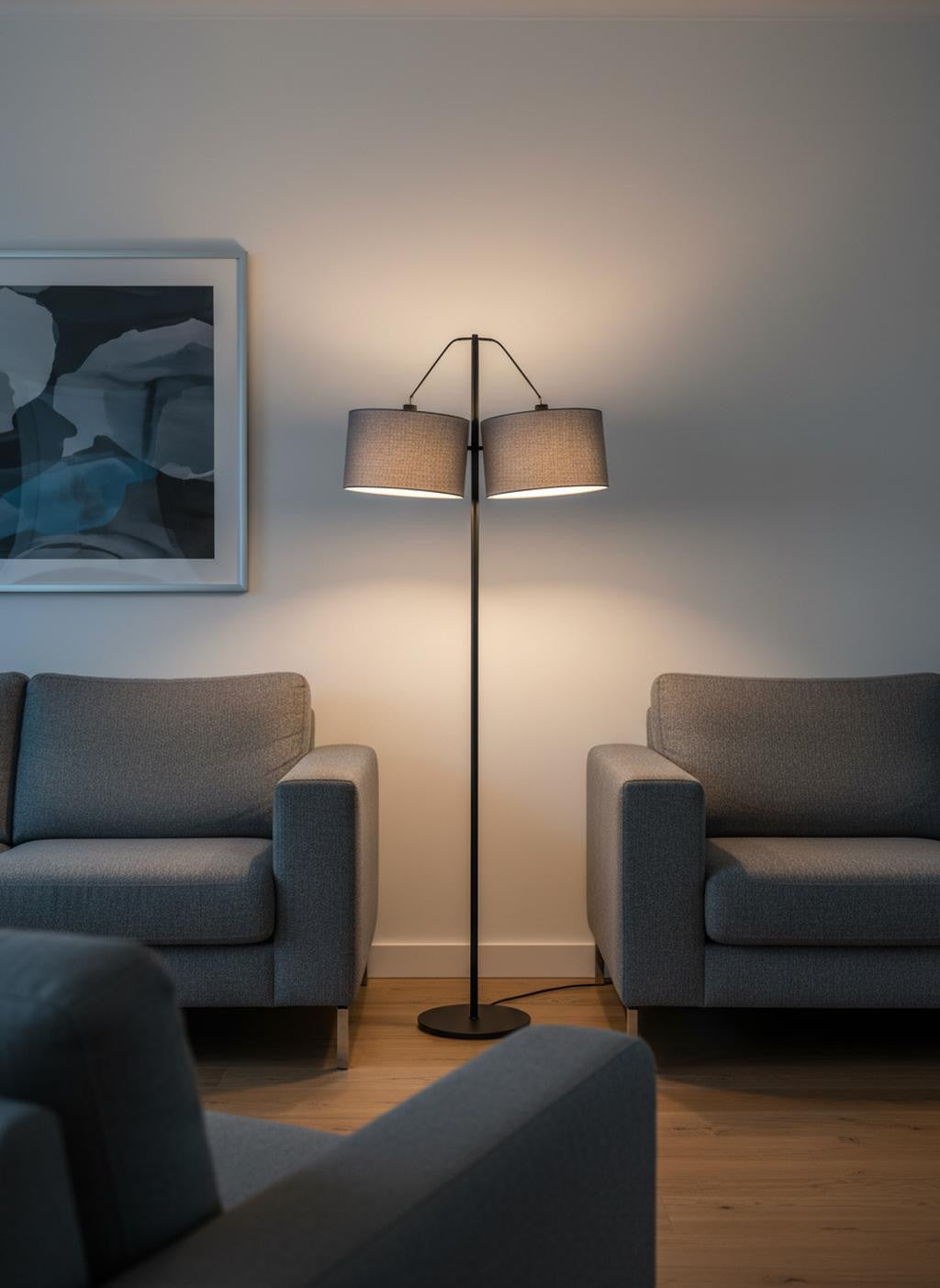 Black 3-Light Tree Floor Lamp w/ Gray Shade