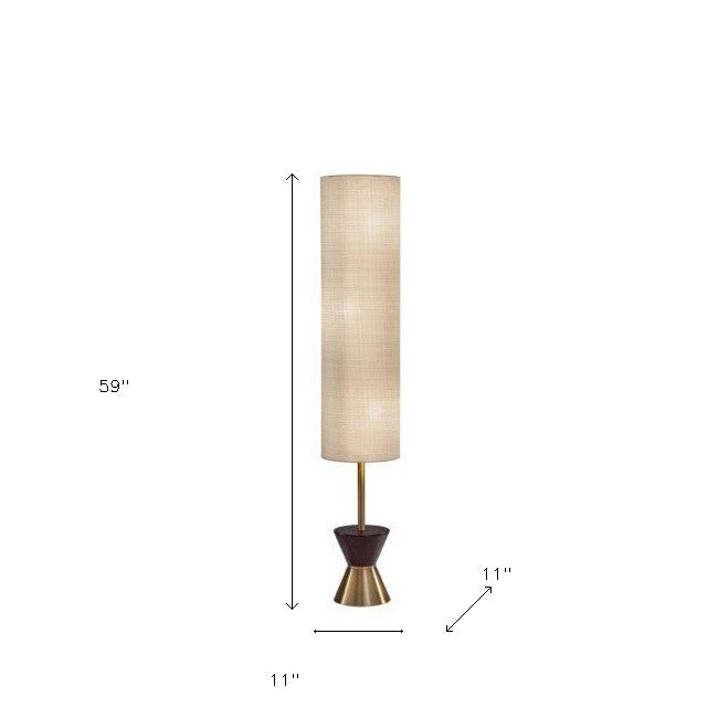Brass & Wood Textured Beige Floor Lamp