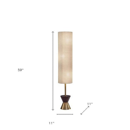 Brass & Wood Textured Beige Floor Lamp