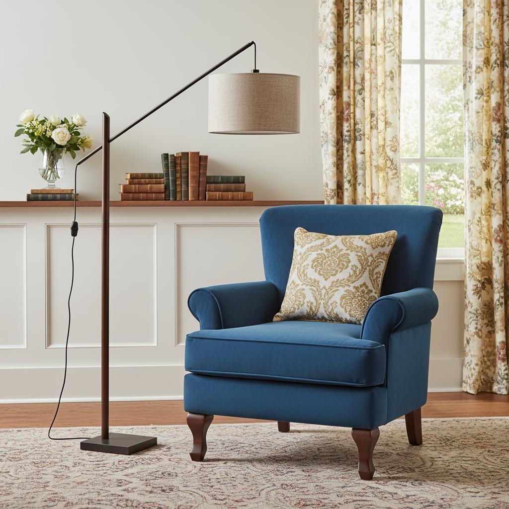 Black Swing Arm Floor Lamp w/ Beige Shade