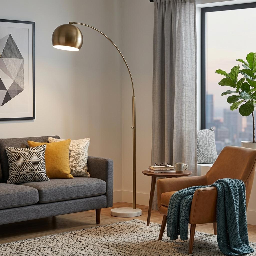 Brass Arc Floor Lamp w/ Brass Solid Color Bowl Shade