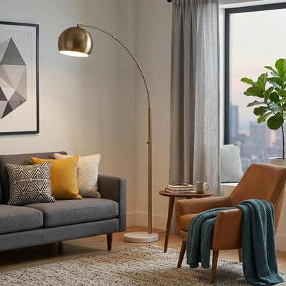 Brass Arc Floor Lamp w/ Brass Solid Color Bowl Shade