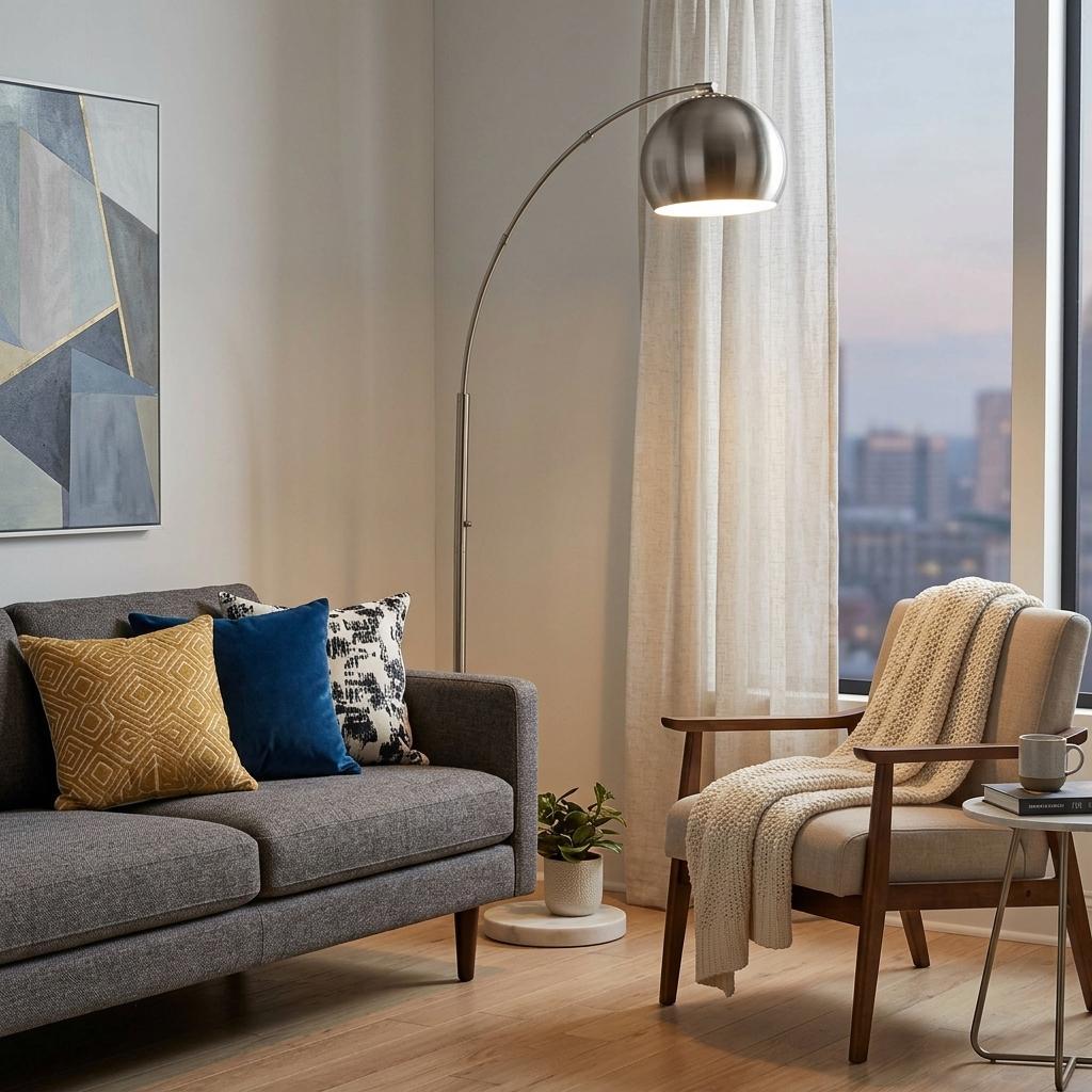 Steel Arc Floor Lamp w/ Silver Solid Color Bowl Shade