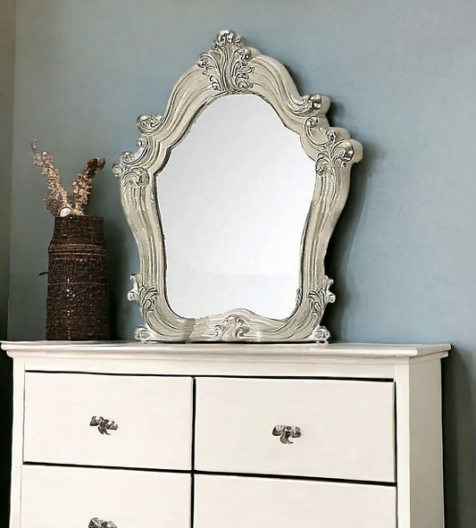 White And Silver Abstract Wood Framed Antiqued Glass Mounted Dresser Mirror