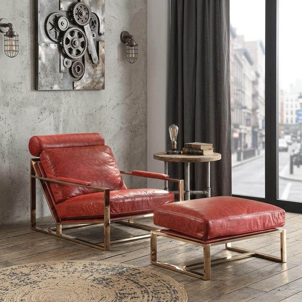 Red & Gold Top Grain Leather Arm Chair