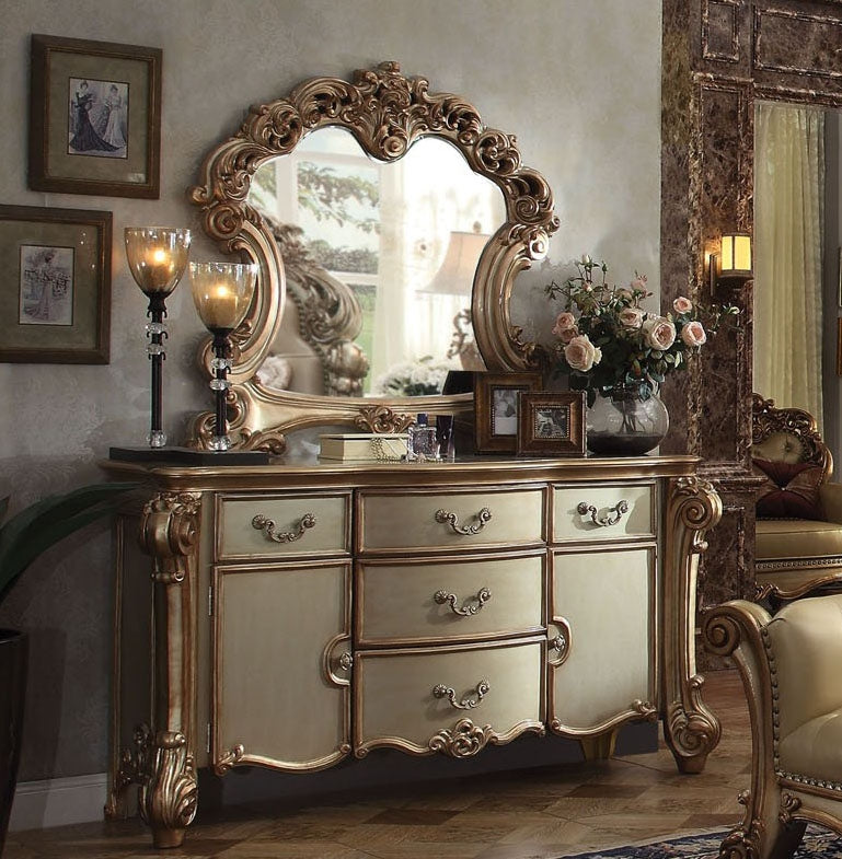 Grey Shagreen Faux Leather And Gold 6-Drawer Double Dresser