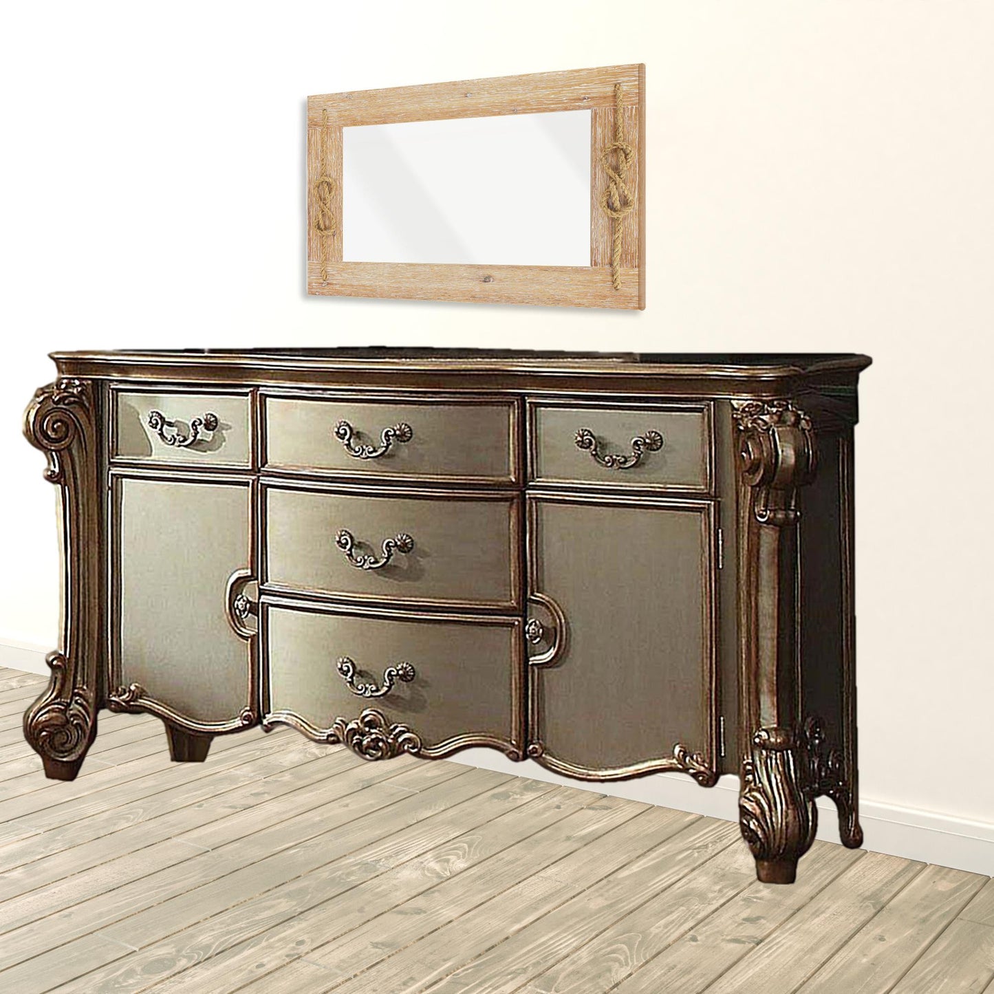 Grey Shagreen Faux Leather And Gold 6-Drawer Double Dresser