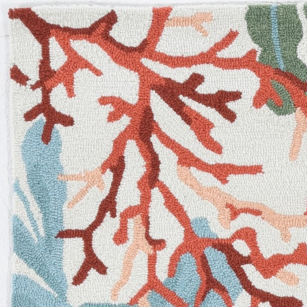 8 x 10 Ivory Hand Hooked Bordered Coral Reef Indoor Rug