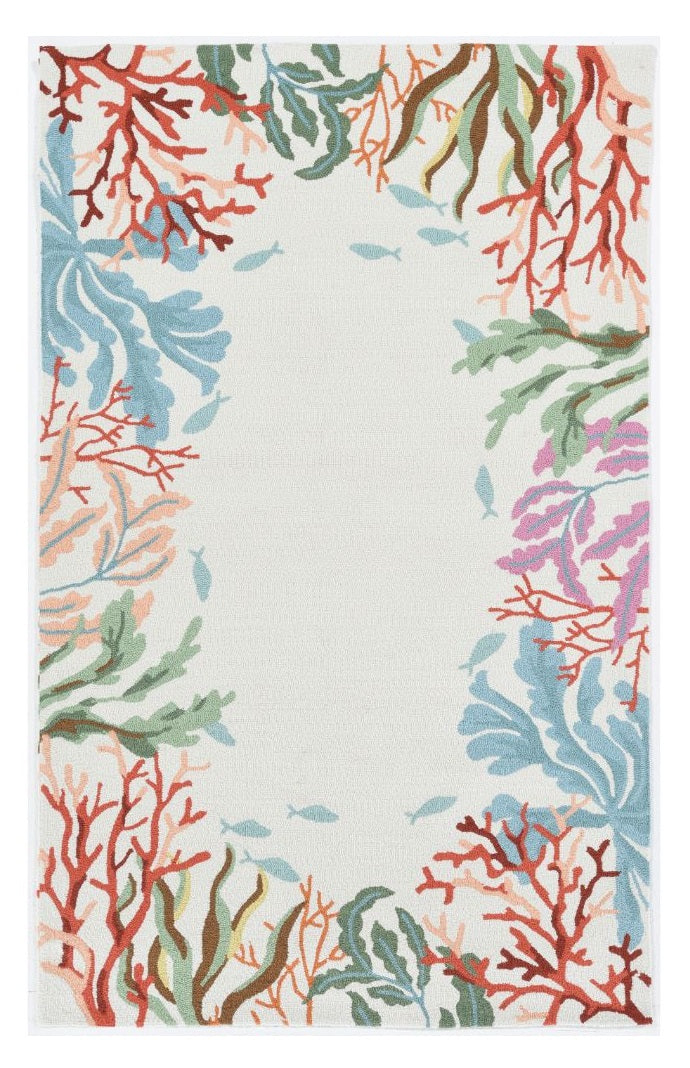 8 x 10 Ivory Hand Hooked Bordered Coral Reef Indoor Rug
