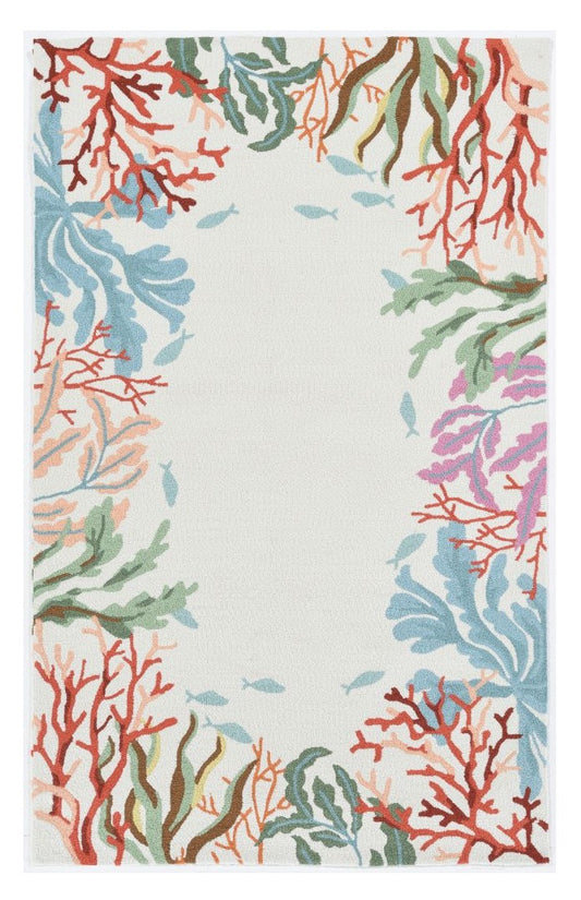 8 x 10 Ivory Hand Hooked Bordered Coral Reef Indoor Rug