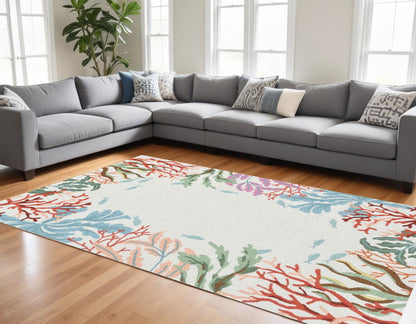 8 x 10 Ivory Hand Hooked Bordered Coral Reef Indoor Rug