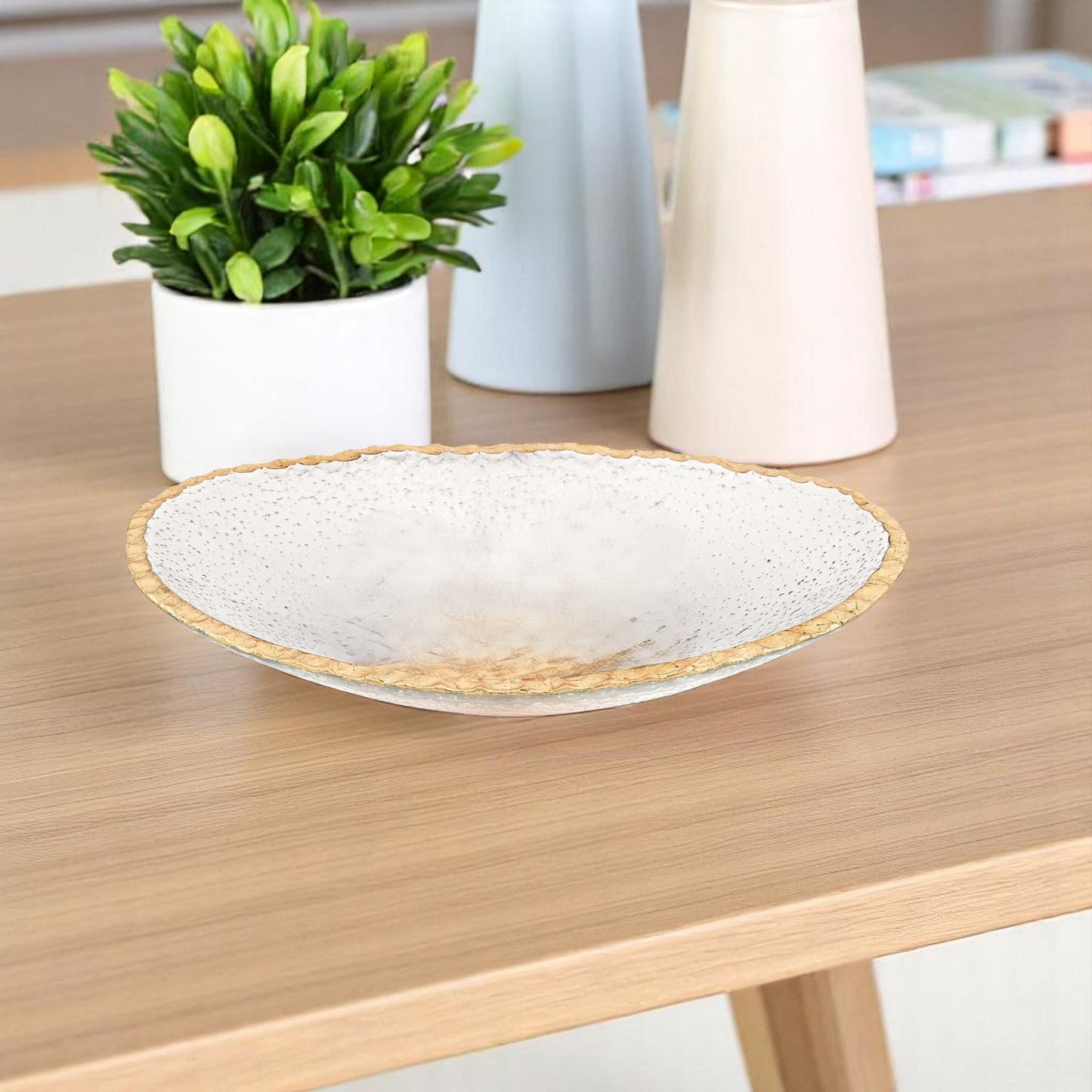 Hand Decorated Oval Edge Gold Leaf Serving Bowl