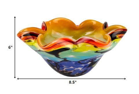 Rainbow Multi Art Glass Wavy Centerpiece Bowl