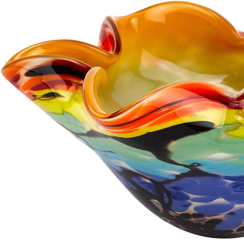 Rainbow Multi Art Glass Wavy Centerpiece Bowl
