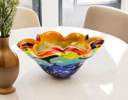 Rainbow Multi Art Glass Wavy Centerpiece Bowl
