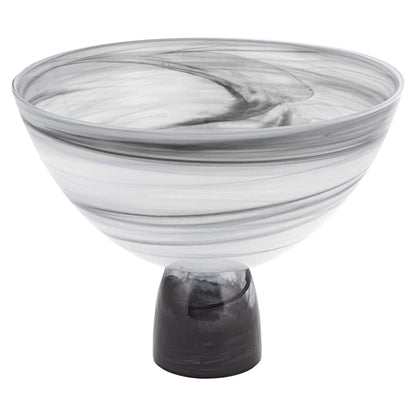 Black and Gray Swirl Mouth Blown Glass Footed Centerpiece Bowl