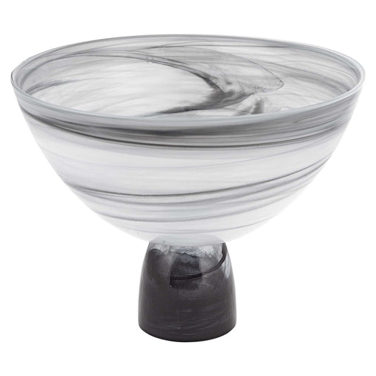 Black and Gray Swirl Mouth Blown Glass Footed Centerpiece Bowl