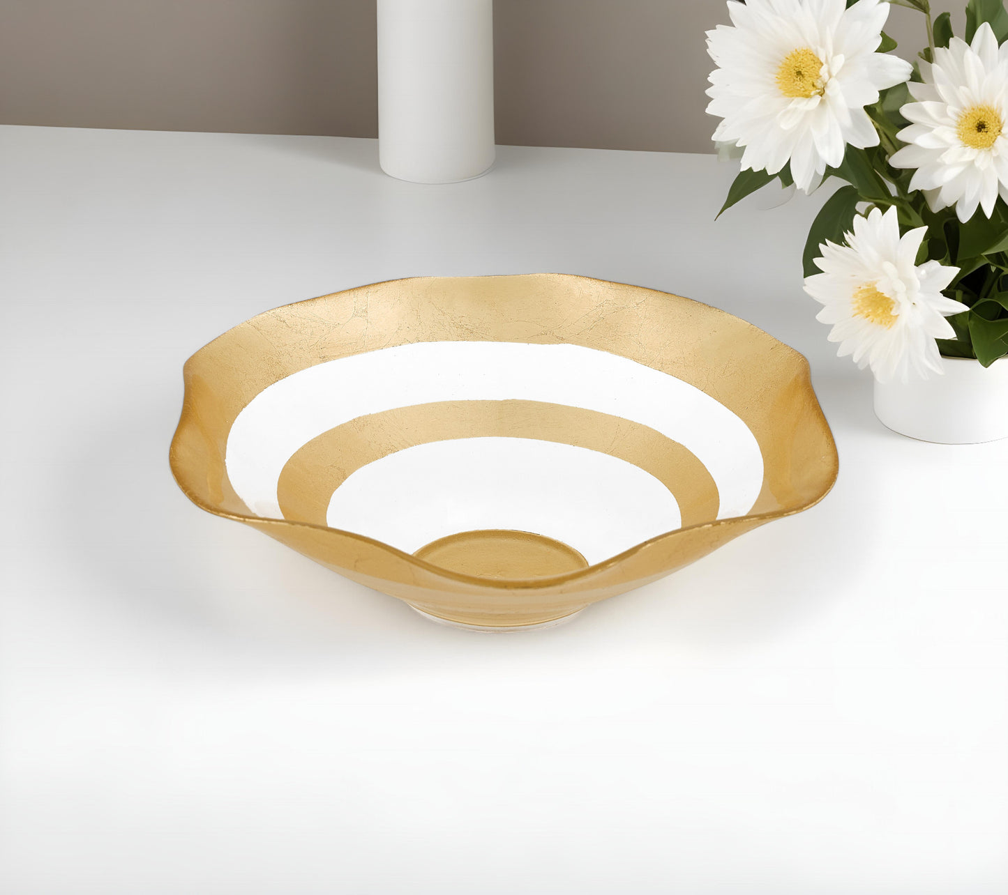 Clear and Gold Glass Round Ruffle Centerpiece Bowl