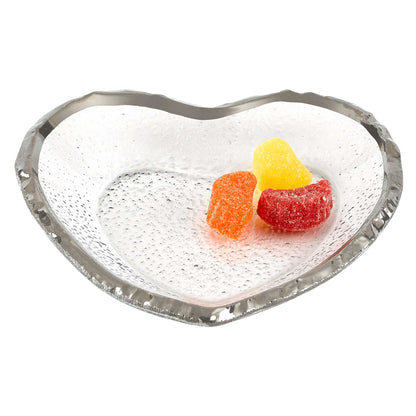 Mouth Blown Seeded Glass Heart Plate w/ Silver Rim