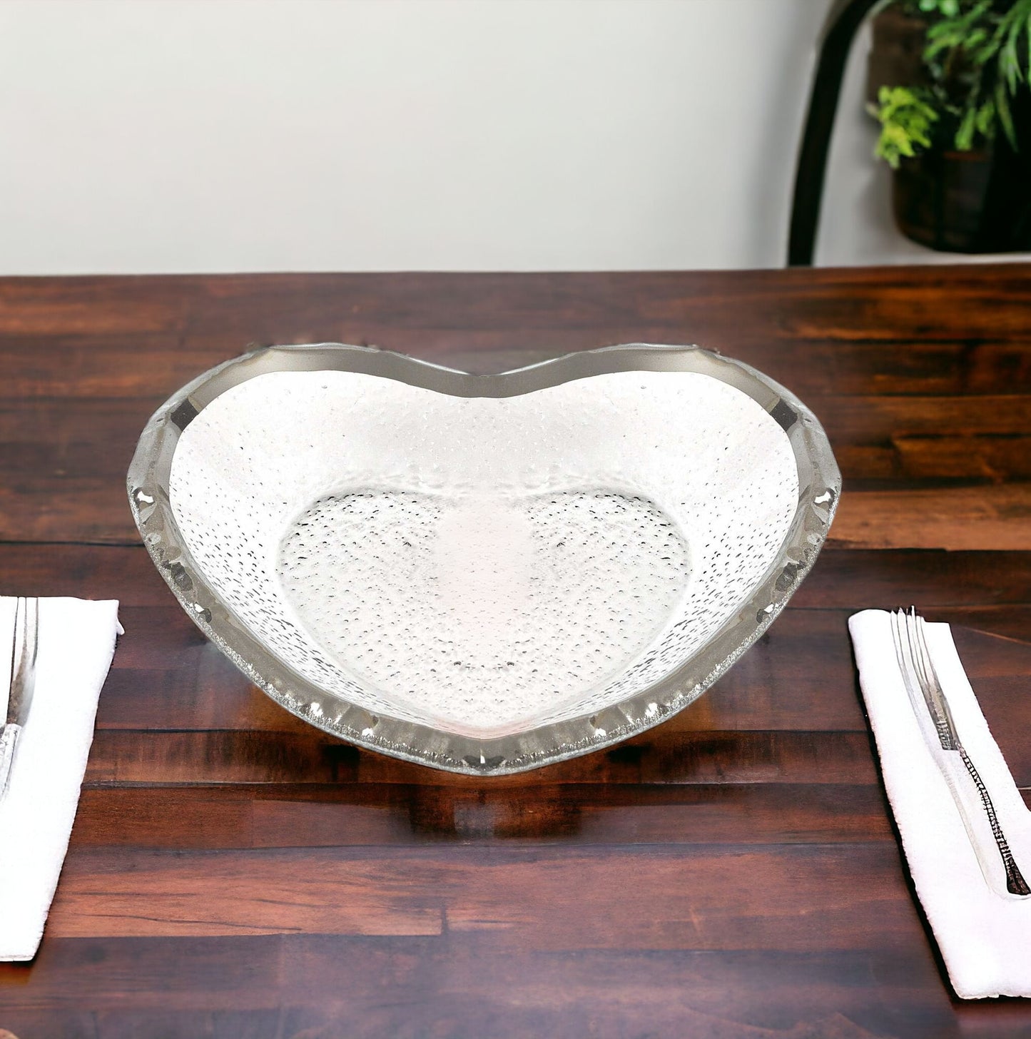 Mouth Blown Seeded Glass Heart Plate w/ Silver Rim