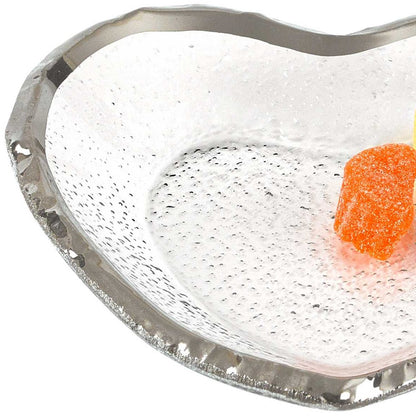 Mouth Blown Seeded Glass Heart Plate w/ Silver Rim