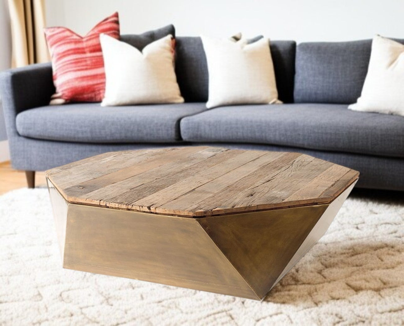 Natural Solid Wood Octagon Distressed Lift Top Abstract Coffee Table image 1