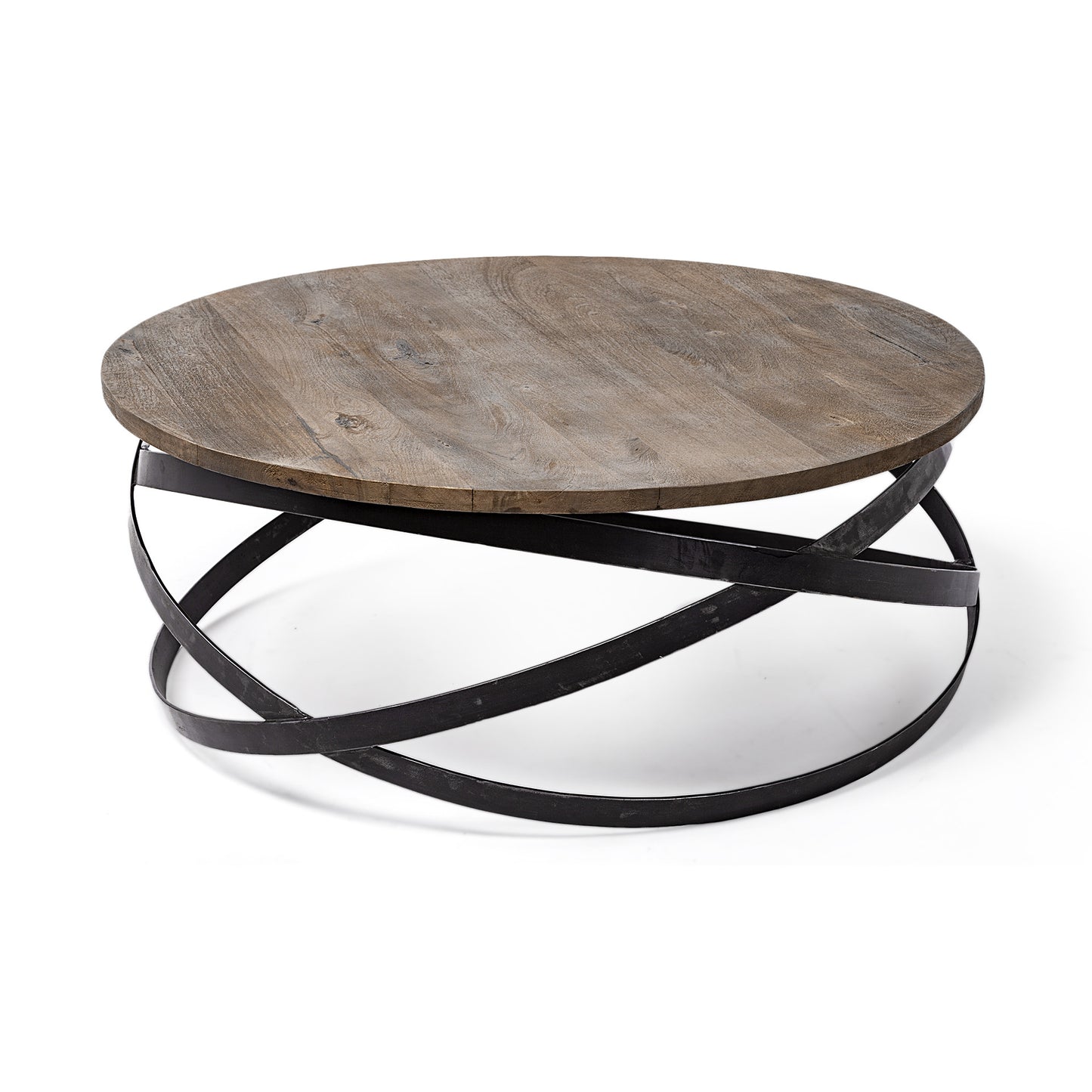 Brown & Black Solid Wood & Metal Round Coffee Table