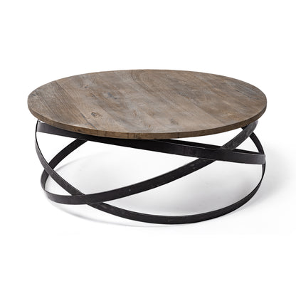Brown & Black Solid Wood & Metal Round Coffee Table