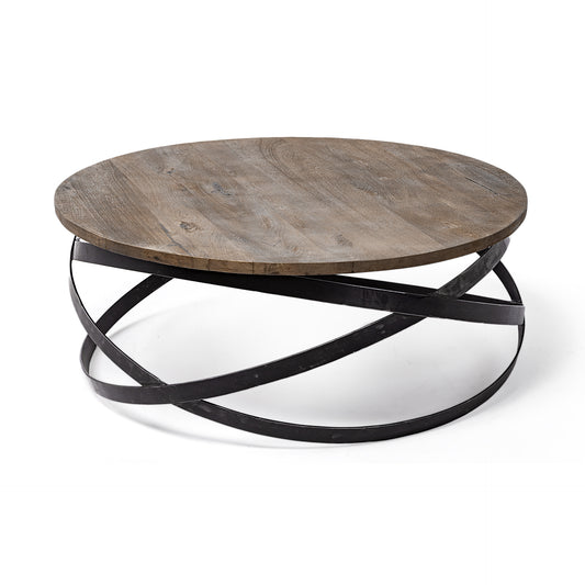 Brown & Black Solid Wood & Metal Round Coffee Table