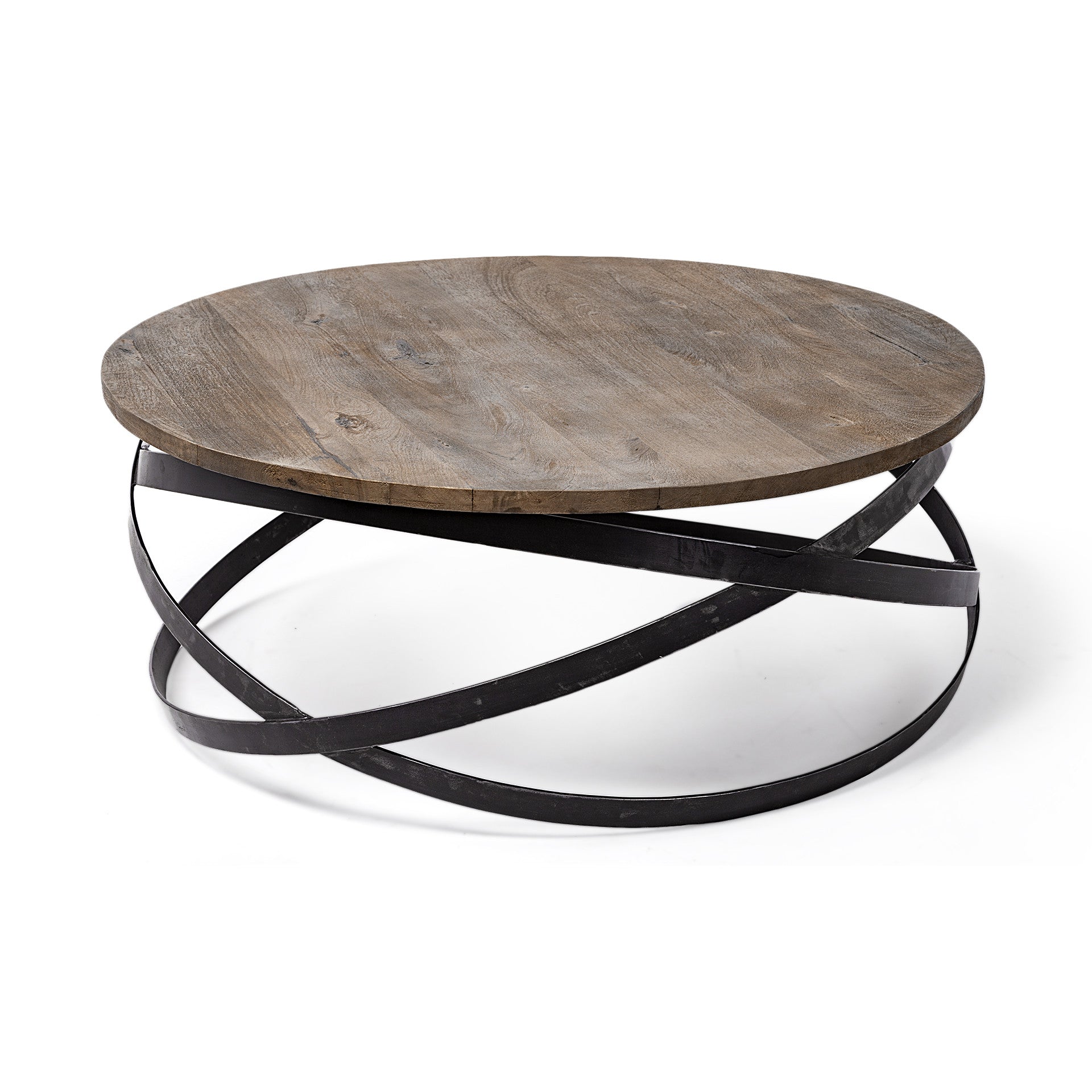 Brown & Black Solid Wood & Metal Round Coffee Table image 2